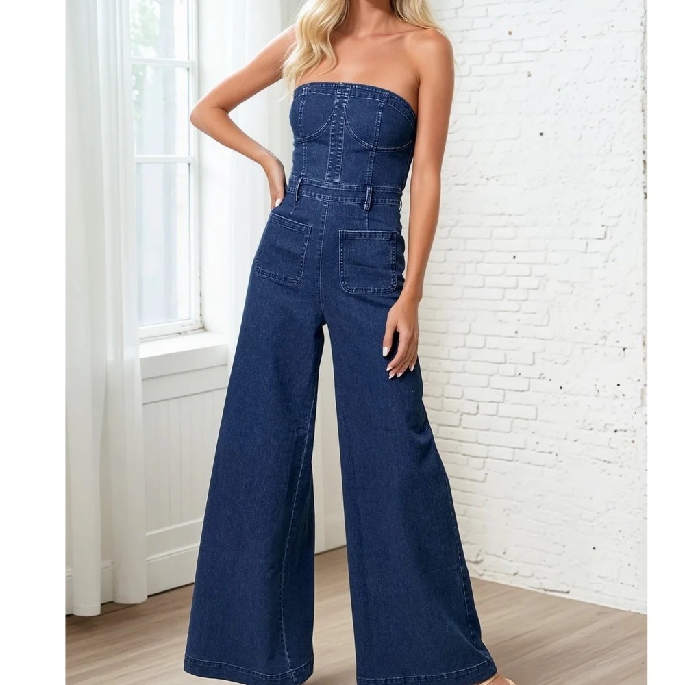 Wisteria Lane‎ Denim Wide Leg Strapless Jumpsuit Corset Smocked Back Flared X2